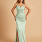 Satin Mermaid Long Bridesmaid Dresses Spaghetti Straps V-neck Side Slit Floor Length For Sale