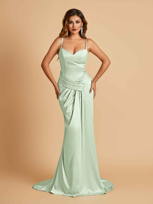 Satin Mermaid Sweetheart Bridesmaid Dresses Spaghetti Straps With Pleats Floor Length