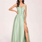 Satin V-neck A-line Prom Dresses Side slit Floor Length