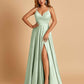 Satin A-line Long Prom Dresses Spaghetti Straps V-neck Side Slit Floor Length