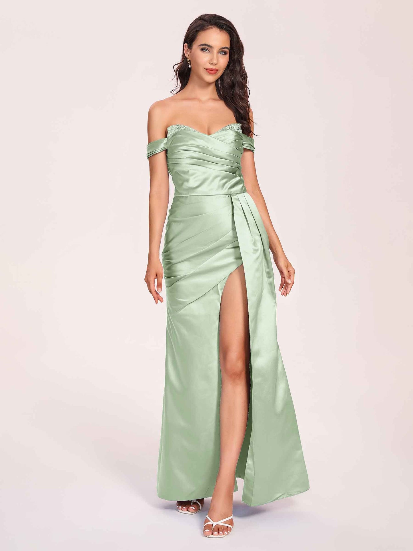 Elegant Satin Off Shoulder Prom Dresses Side-slit Sweetheart Floor Length Sheath