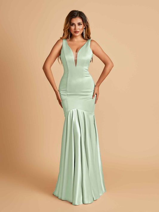 Satin Deep V-neck Mermaid Bridesmaid Dresses Half Open Back Floor Length