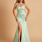 Sexy Mermaid Bridesmaid Dresses Spaghetti Straps Satin Side Slit Pleats Floor Length