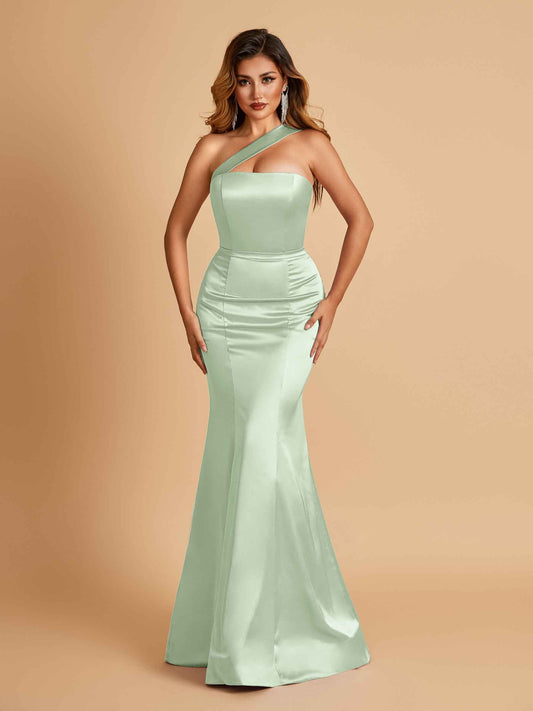 Sexy Satin Mermaid Prom Dresses One Shoulder Floor Length