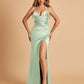 Sexy Satin Halter Straps Sheath Prom Dresses Side Slit Pleats Floor Length