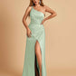 Satin One Shoulder Sheath Prom Dresses Spaghetti Straps Side Slit Floor Length