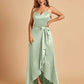 Satin Asymmetric V-neck Bridesmaid Dresses Sleeveless Side Slit A-line Unique For Sale