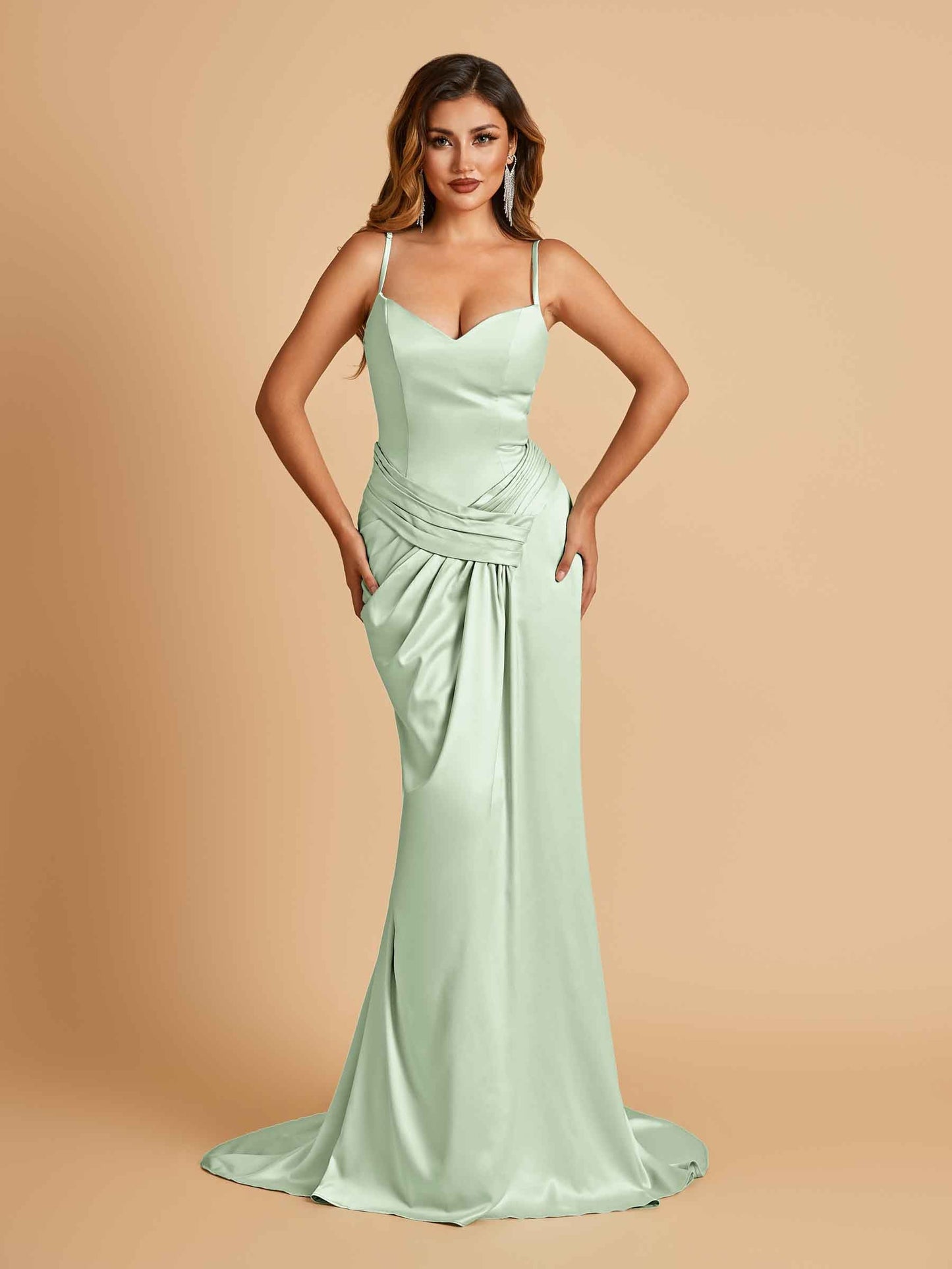 Satin Mermaid Sweetheart Prom Dresses Spaghetti Straps With Pleats Floor Length