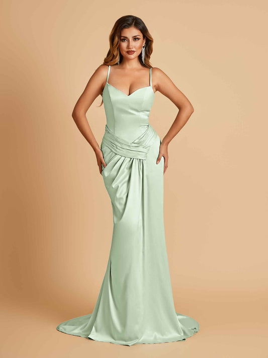 Satin Mermaid Sweetheart Prom Dresses Spaghetti Straps With Pleats Floor Length