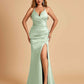 Sexy Satin Mermaid Long Prom Dresses Spaghetti Straps Sweetheart Side Slit Criss-cross Back