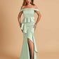 Satin Mermaid Off Shoulder Bridesmaid Dresses With Ruffles Side Slit Floor Length