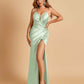 Sexy Satin Spaghetti Straps Prom Dresses V-neck Side Slit Pleats Floor Length Sheath