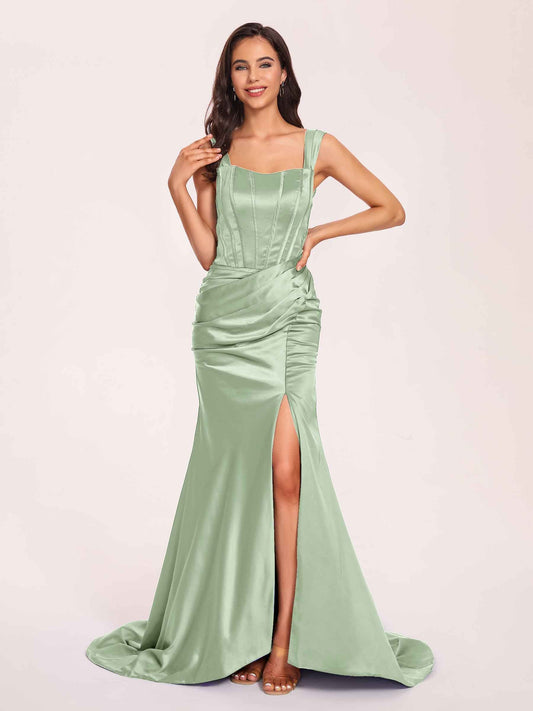 Sexy Satin Square Mermaid Prom Dresses Pleats Side-Slit Floor-Length Sleeveless