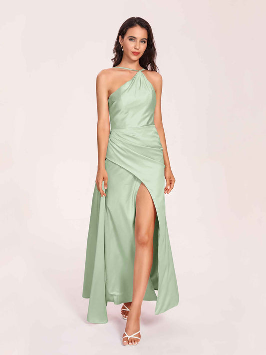Sexy Satin Halter Strap Sheath Prom Dresses Side Slit Pleats Floor Length