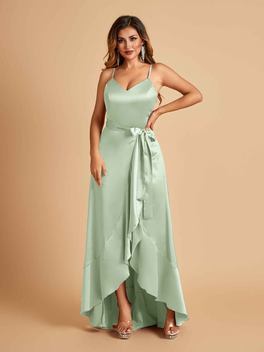 Satin Asymmetric V-neck Prom Dresses Sleeveless Side Slit A-line Unique