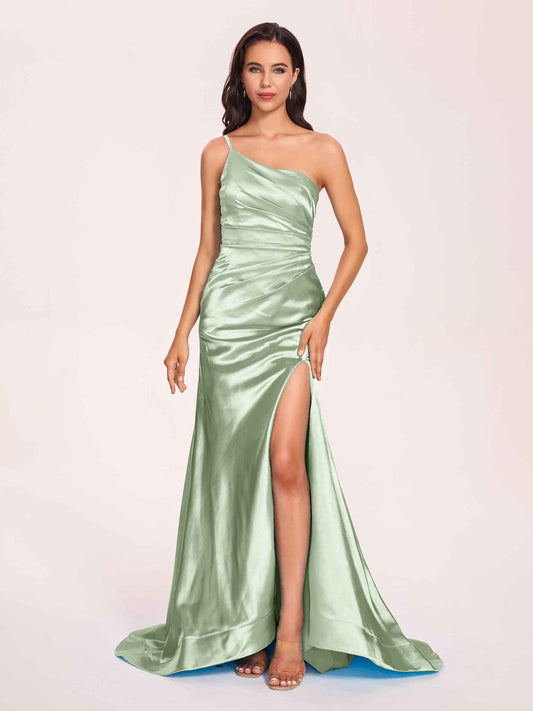 Satin One-shoulder Mermaid Prom Dresses Side Slit Pleats Floor Length