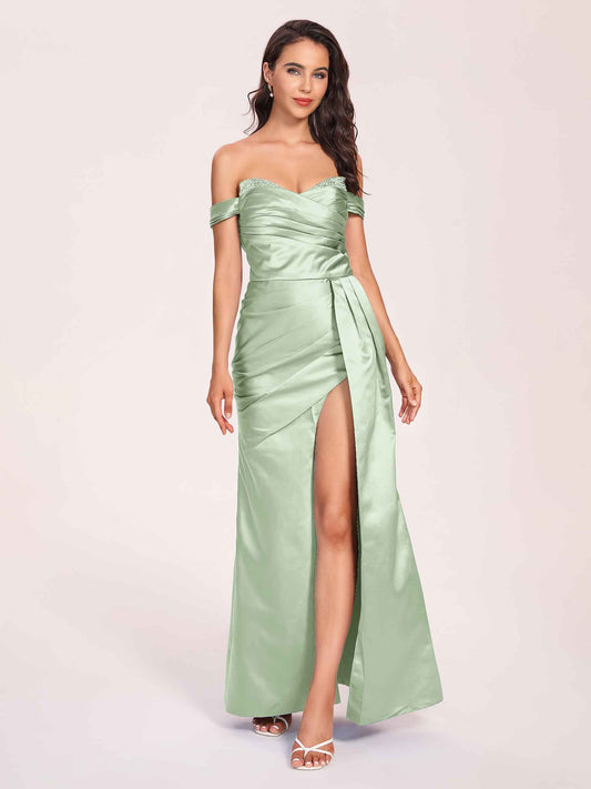 Elegant Satin Off Shoulder Bridesmaid Dresses Side-slit Sweetheart Floor Length Sheath