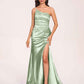 Satin One-shoulder Mermaid Bridesmaid Dresses Side Slit Pleats Floor Length