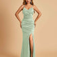 Sexy Satin Mermaid Bridesmaid Dresses Spaghetti Straps V-neck Side Slit Floor Length