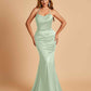 Sexy Satin Mermaid Prom Dresses Spaghetti Straps Scoop Criss-cross Back