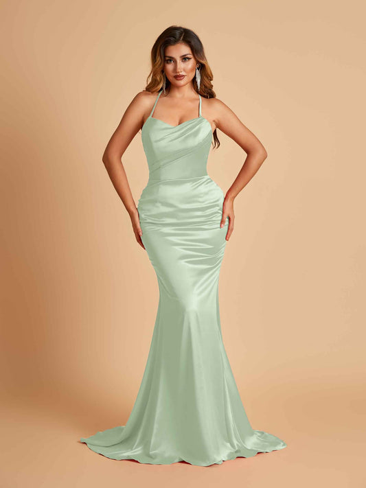 Sexy Satin Mermaid Prom Dresses Spaghetti Straps Scoop Criss-cross Back