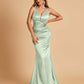 Sexy Satin Criss-cross Back Prom Dresses Mermaid Deep V-neck Back Pleats Floor Length