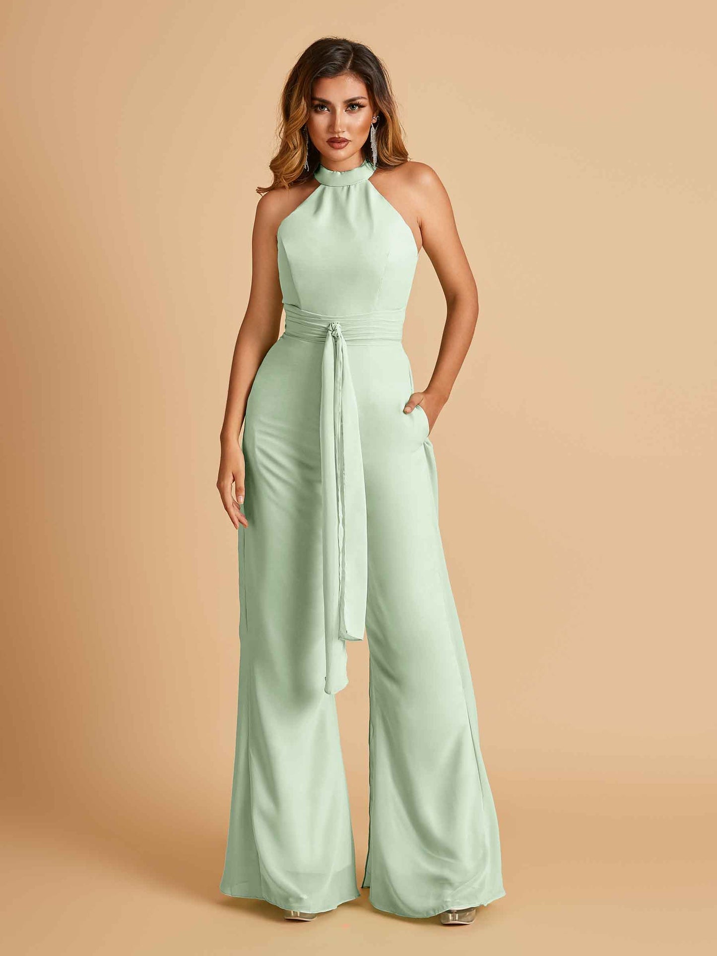 Chiffon Bridesmaid Jumpsuit Jewel Neck Sleeveless Floor Length With Pockets