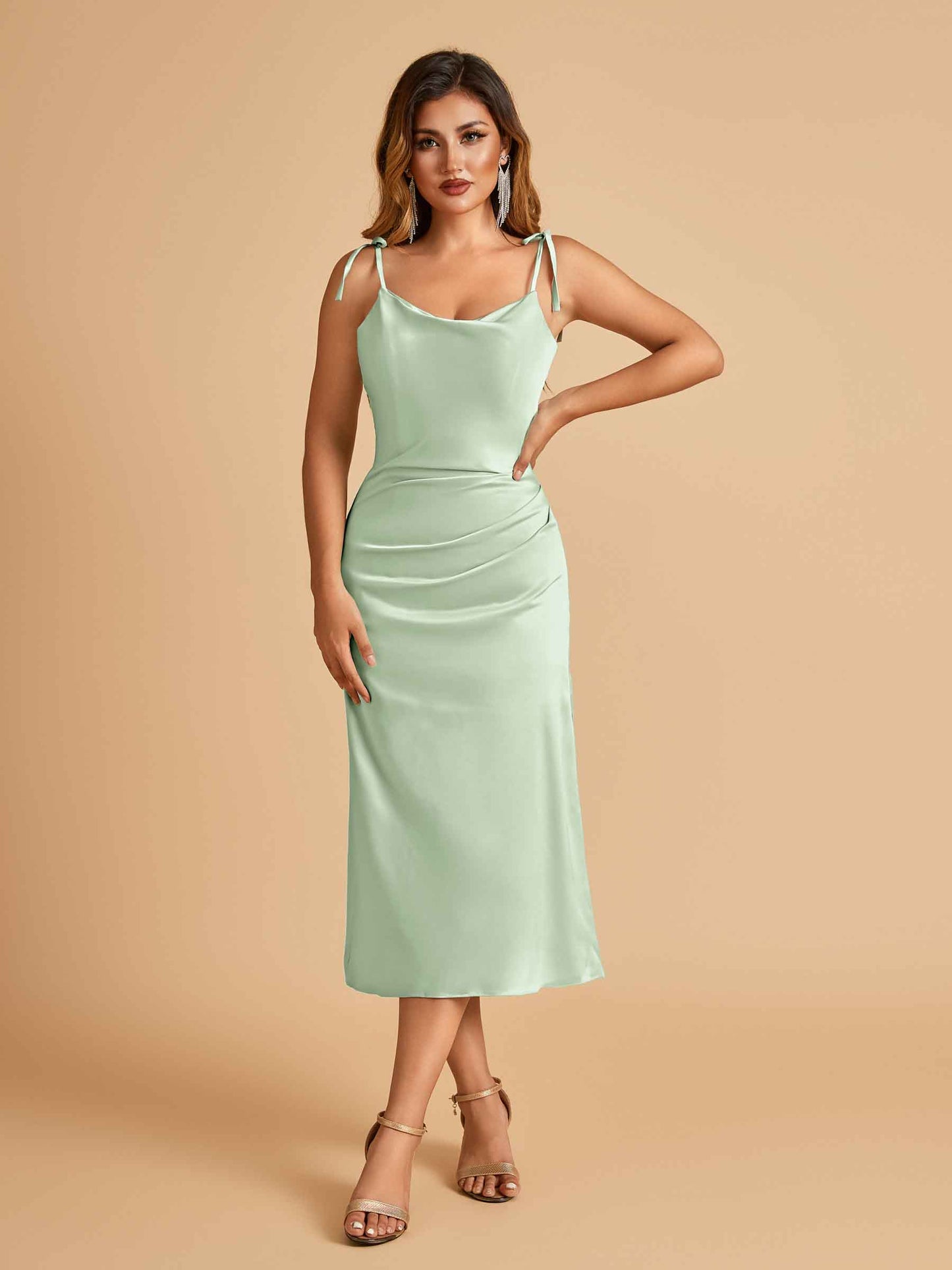 Sexy Satin Midi Bridesmaid Dresses Spaghetti Straps Slip Scoop Side Slit