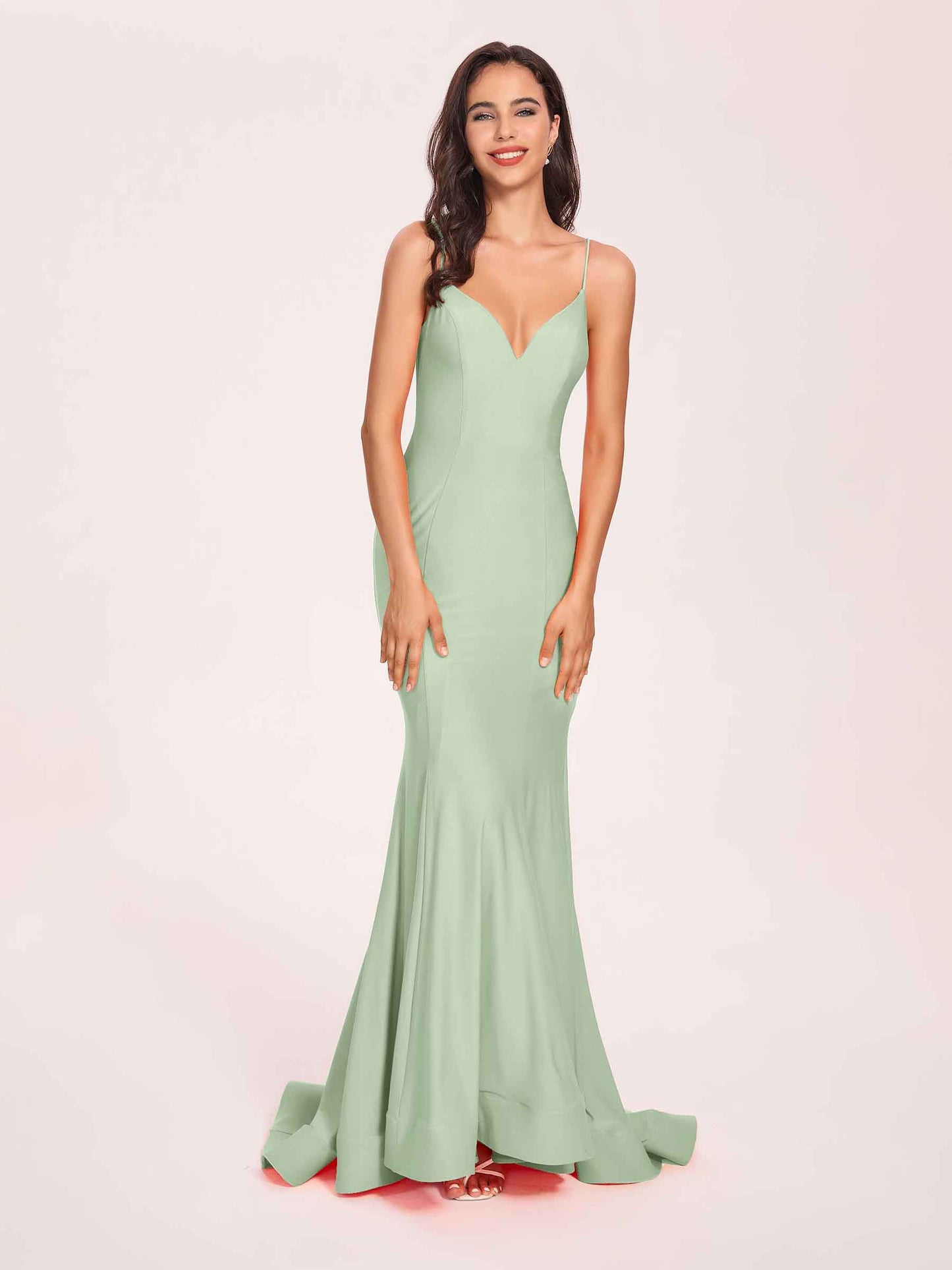 Sexy Satin Mermaid Prom Dresses Spaghetti Straps V-neck Floor Length Lace-up Back
