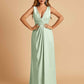 Sexy Satin Deep V-neck Long Bridesmaid Dresses A-line Pleats Sleeveless Floor Length
