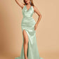 Sexy Satin Open Back Bridesmaid Dresses Mermaid V-neck Side Slit With Train For Sale