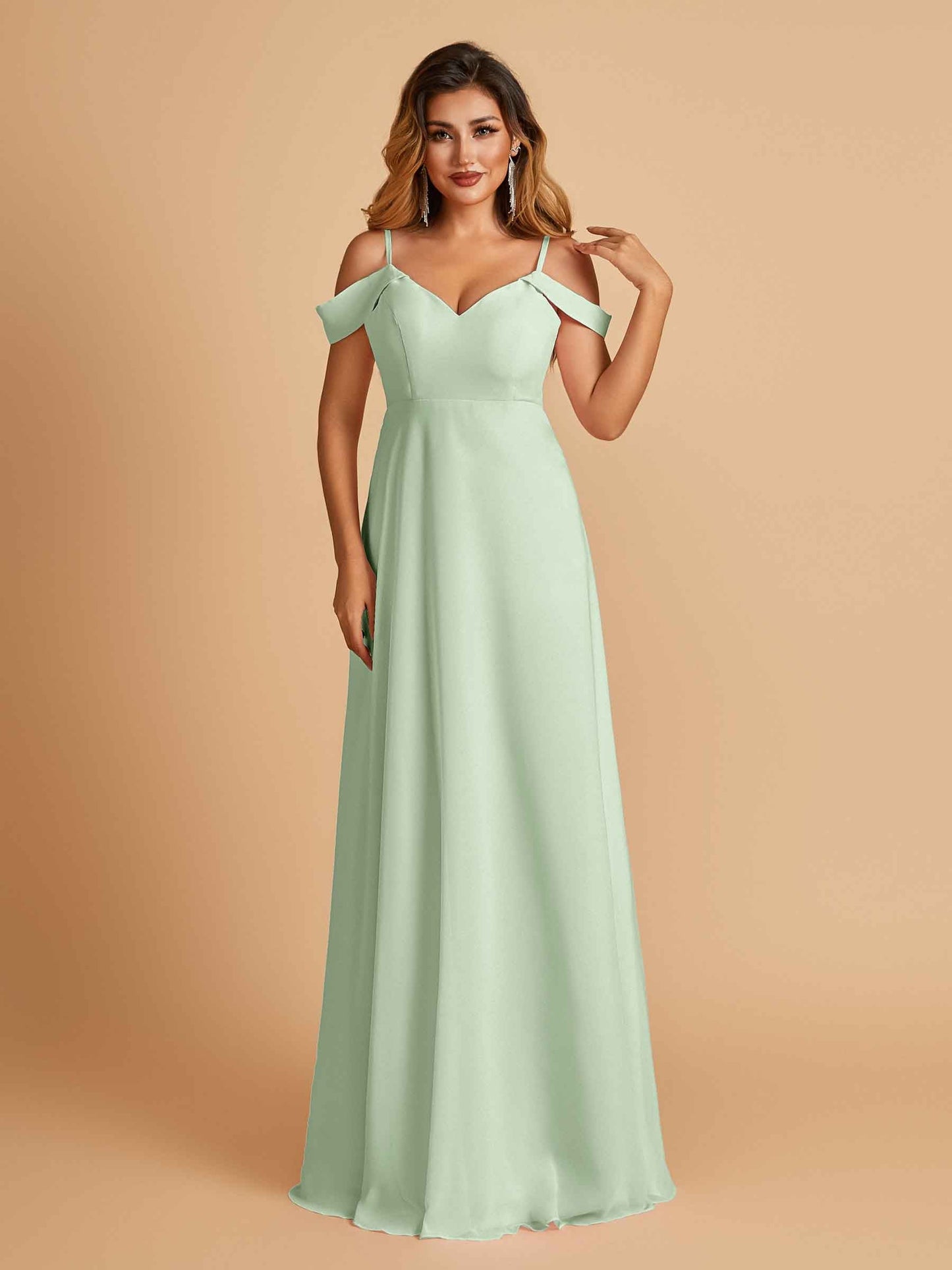 Chiffon Off-shoulder Long Bridesmaid Dresses V-neck Floor Length A-line For Sale