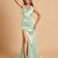Sexy Satin Open Back Bridesmaid Dresses Mermaid V-neck Side Slit With Train