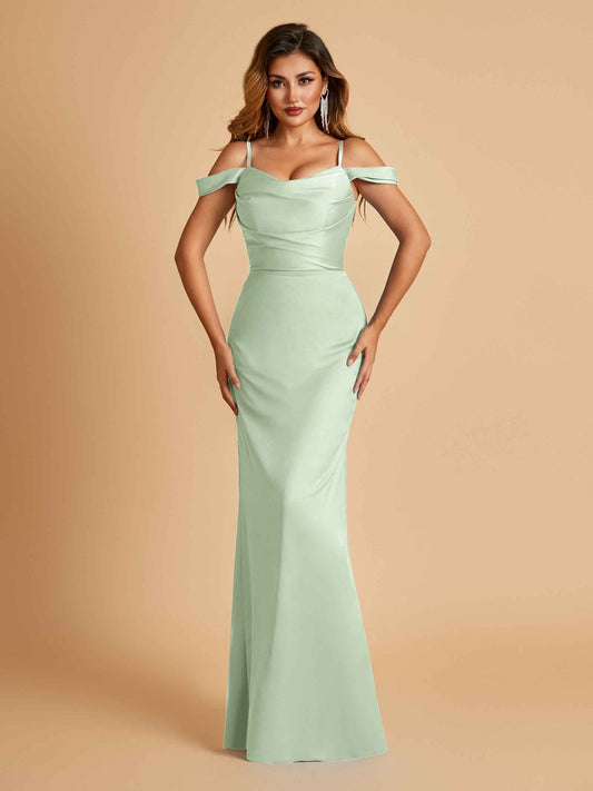 Sexy Off Shoulder Mermaid Long Prom Dresses Satin Spaghetti Straps Floor Length