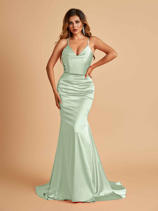 Sexy Satin Mermaid Bridesmaid Dresses Spaghetti Straps V-neck Pleats Floor Length