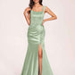 Sexy Satin Square Mermaid Bridesmaid Dresses Pleats Side-Slit Floor-Length Sleeveless