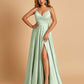 Satin A-line Long Bridesmaid Dresses Spaghetti Straps V-neck Side Slit Floor Length
