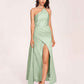 Sexy Satin Halter Strap Sheath Bridesmaid Dresses Side Slit Pleats Floor Length