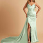 Sexy Satin Sheath Bridesmaid Dresses Strapless Sweetheart Side Slit With Train