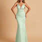 Satin Deep V-neck Mermaid Prom Dresses Open Back Floor Length