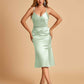 Sexy Satin Midi Mermaid Bridesmaid Dresses Spaghetti Straps Slip Side Slit