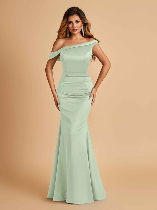 Charming Satin Off Shoulder Mermaid Prom Dresses Straps Floor Length