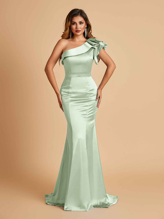Satin One-shoulder Bridesmaid Dresses Ruffle Sleeves Mermaid Floor Length