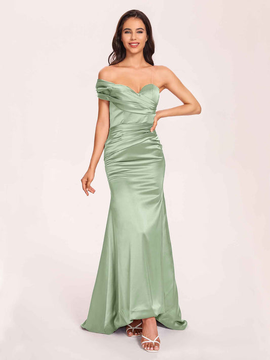 Satin One-shoulder Prom Dresses Pleats Floor Length Mermaid Long