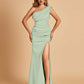 Satin One-shoulder Prom Dresses Mermaid Side Slit Sleeveless Floor Length