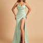 Sexy Satin Mermaid Prom Dresses Spaghetti Straps Sweetheart Side Slit Criss-cross Back
