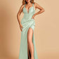 Sexy Sweetheart Sheath Prom Dresses Spaghetti Straps Satin Side Slit Pleats Floor Length