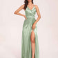 Sexy Satin A-line Prom Dresses Spaghetti Straps Side Slit V-neck Floor Length