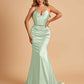 Sexy Satin Mermaid Prom Dresses Spaghetti Straps V-neck Pleats Floor Length