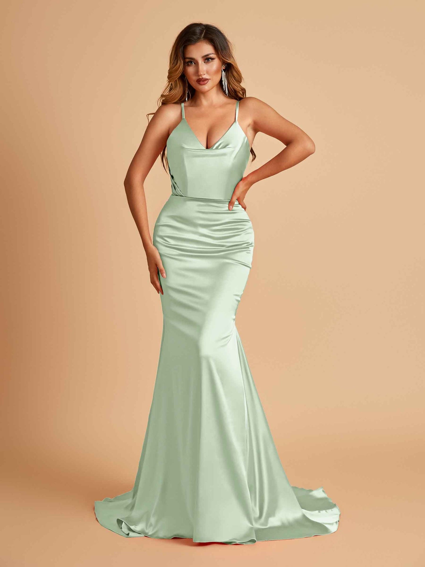 Sexy Satin Mermaid Prom Dresses Spaghetti Straps V-neck Pleats Floor Length